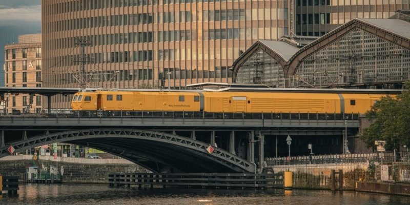 A beautiful view of a yellow train crossing a bridge in Berlin during sunset, showcasing modern architecture.